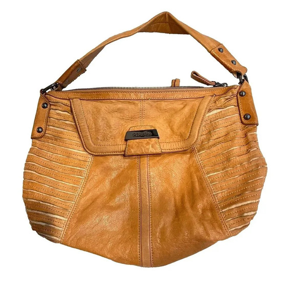 Perlina Womens Brown Leather Shoulder Handbag Zip Pockets Striped Side Design - Picture 1 of 14